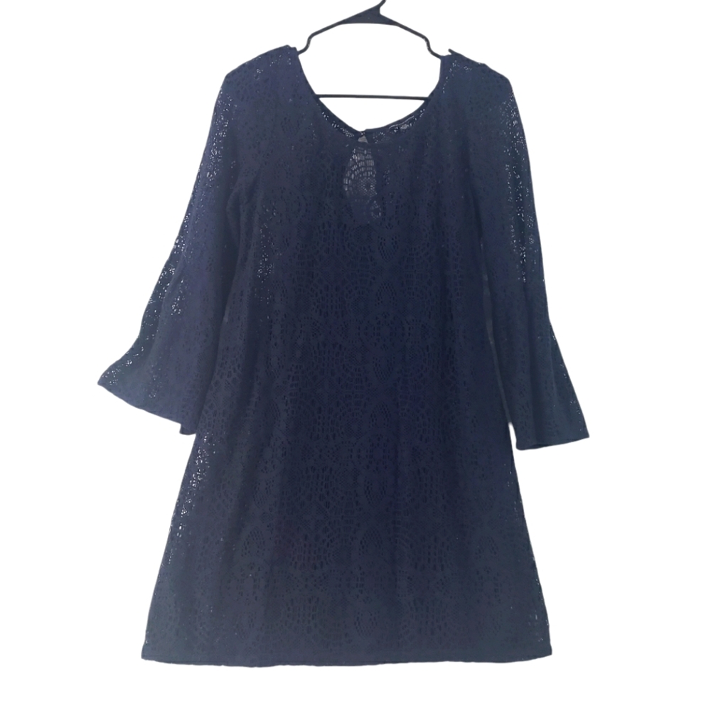 AMERICAN EAGLE Womens Navy Lace Sheath Cami Short Dress Size Medium Bell Sleeves
